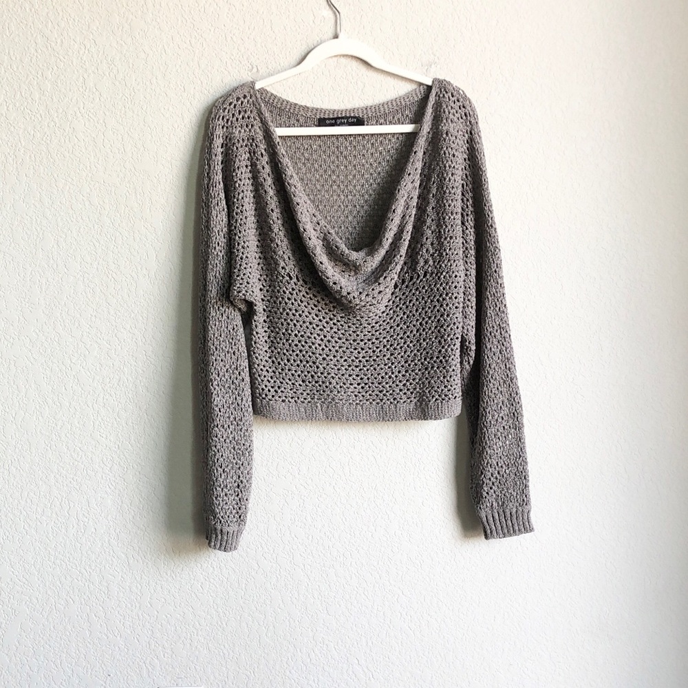 One Grey Day Slouchy Open Knit Cowl Neck Sweater Dolman Sleeve Layering